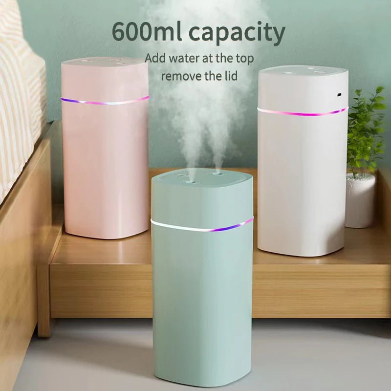 Humidificador de Escritorio con Doble Boquilla y Luz LED 7 Colores - Aromaterapia Silenciosa USB